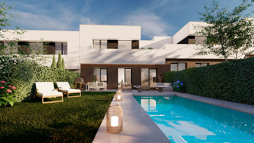 Render en 3D de patio con jardín y piscina de Galera Premium Homes